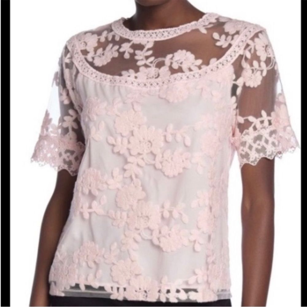Laundry By Shelli Segal Womens Top Floral Lace Overlay Pink Size M Short Sleeve